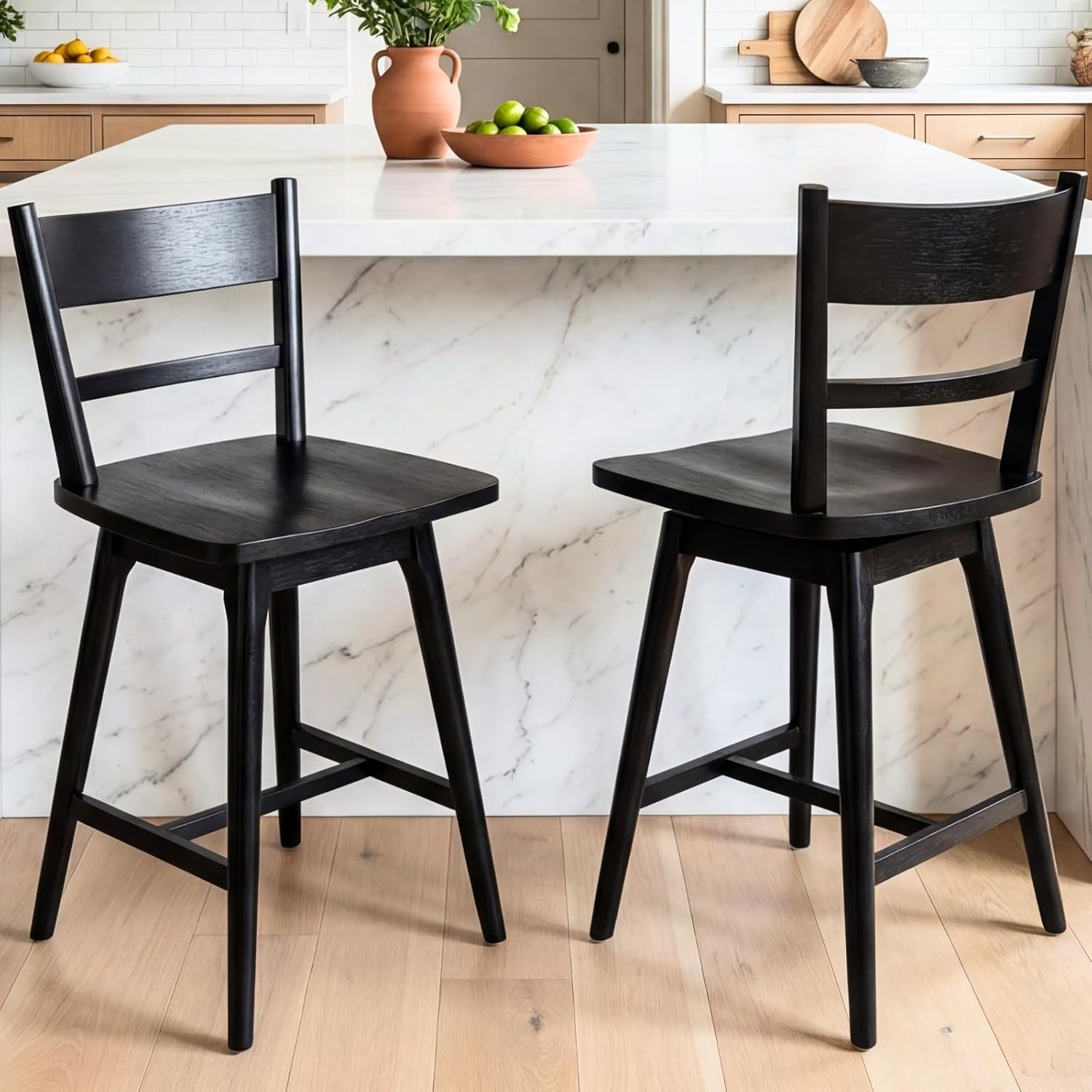 Ya-Home Swivel Counter Stools Set of 2, 24.5" Counter Height Solid Wood Bar Stools with Back & Wood Seat, Black Finish — Mid Century Modern Bar Chairs for Kitchen Island