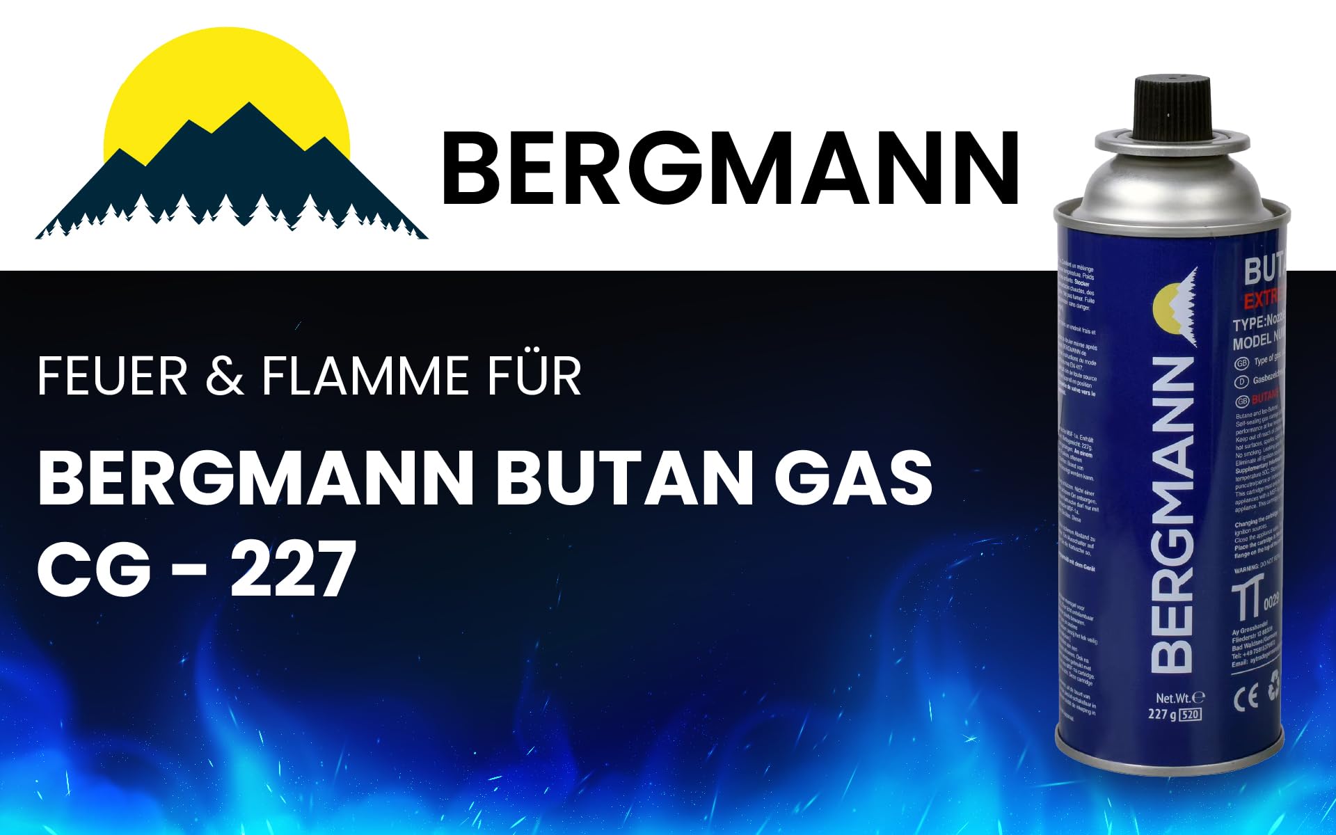 Bergmann Gaskartuschen 227g ideal für Gaskocher, Gasheizung, Gasbrenner I Butan Gaskartusche Typ MFS – 1A I Campingkocher Bunsenbrenner Gaskocher (24 Kartuschen)