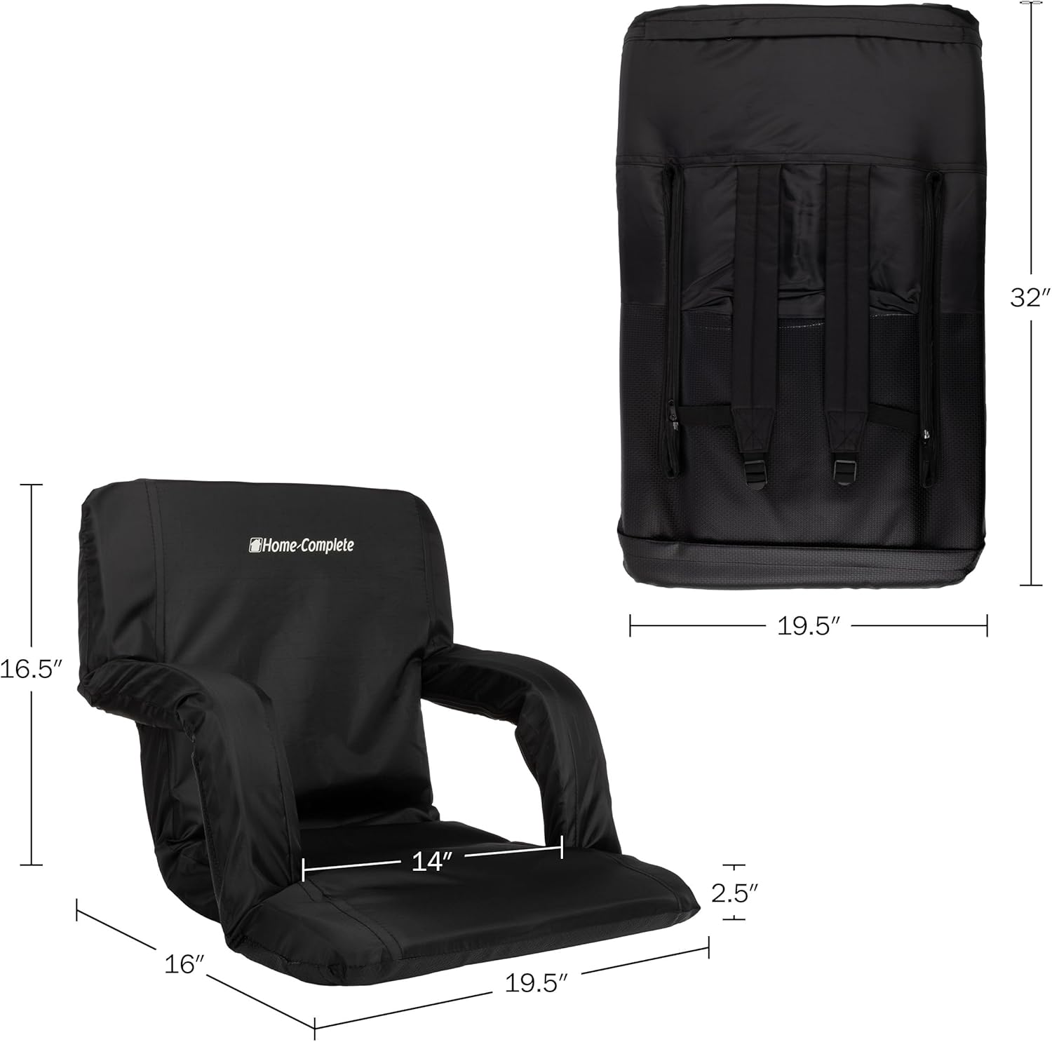 Stadium Seats - Bleacher Cushion with Padded Back Support and Armrests - 6 Reclining Positions Folding Stadium Chair with Carry Straps for Sports, Concerts, Camping, or Beach by Home-Complete