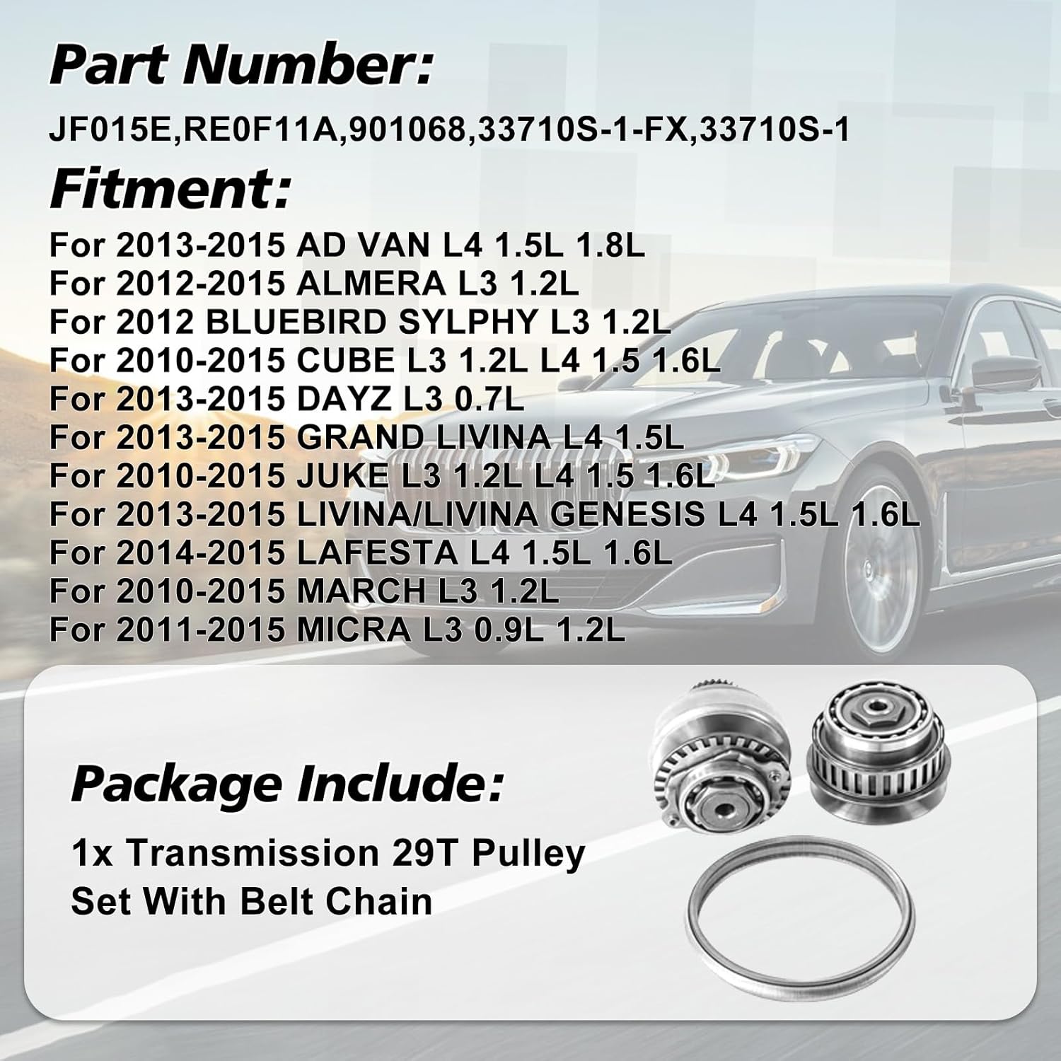 JF015E RE0F11A Transmission 29T Pulley Set With Belt Chain Compatible with CVT NISSAN SUZUKI MITSUBISHI Repalce OE 33710S-1 901068