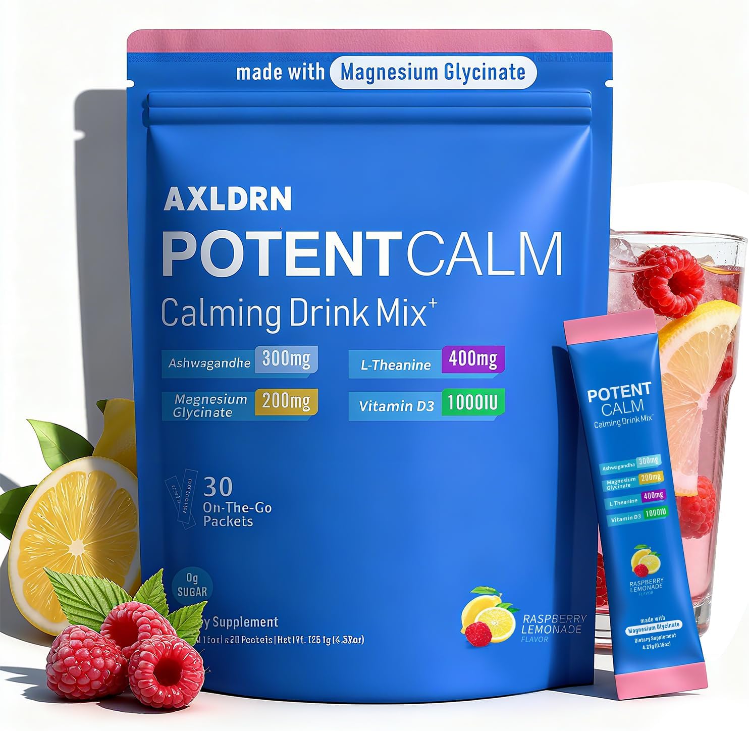 PotentCalm Super Cortisol Drink, Magnesium Glycinate Powder, L-theanine, Ashwagandha, Vitamin D, No Sugar, Raspberry Lemonade Electrolytes Powder - 30 Servings