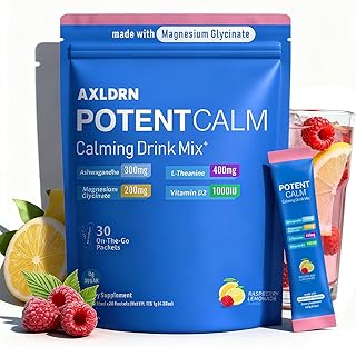 Axldrn PotentCalm Super Cortisol Drink, Magnesium Glycinate Powder, L-theanine, Ashwagandha, Vitamin D, No Sugar, Raspberry Lemonade Electrolytes Powder - 30 Servings