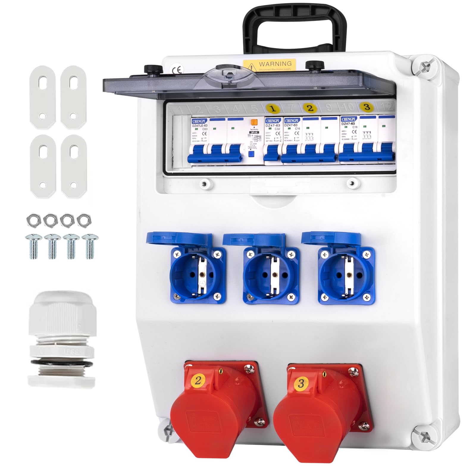 Baustromverteiler,IP65 Wasserdicht Stromverteiler mit Leitungsschutzschalter, Wandverteiler mit IP54 230V/16A Schuko Steckdose und IP44 CEE Steckdose 400V/16A