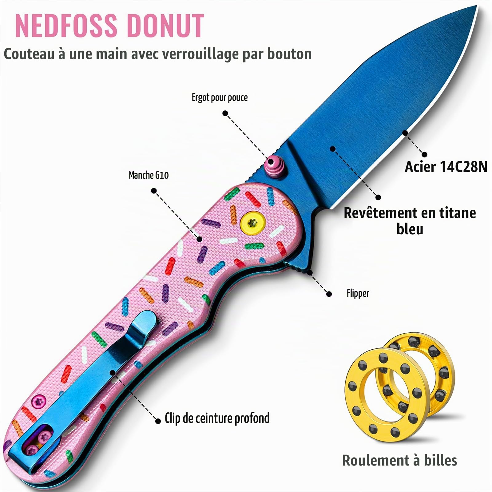 NedFoss DONUT couteau pliant, 14C28N acier couteau survie, Longueur lame 7.5 cm, revêtement titane bleu, manche g10 avec clip ceinture, mini couteau de poche