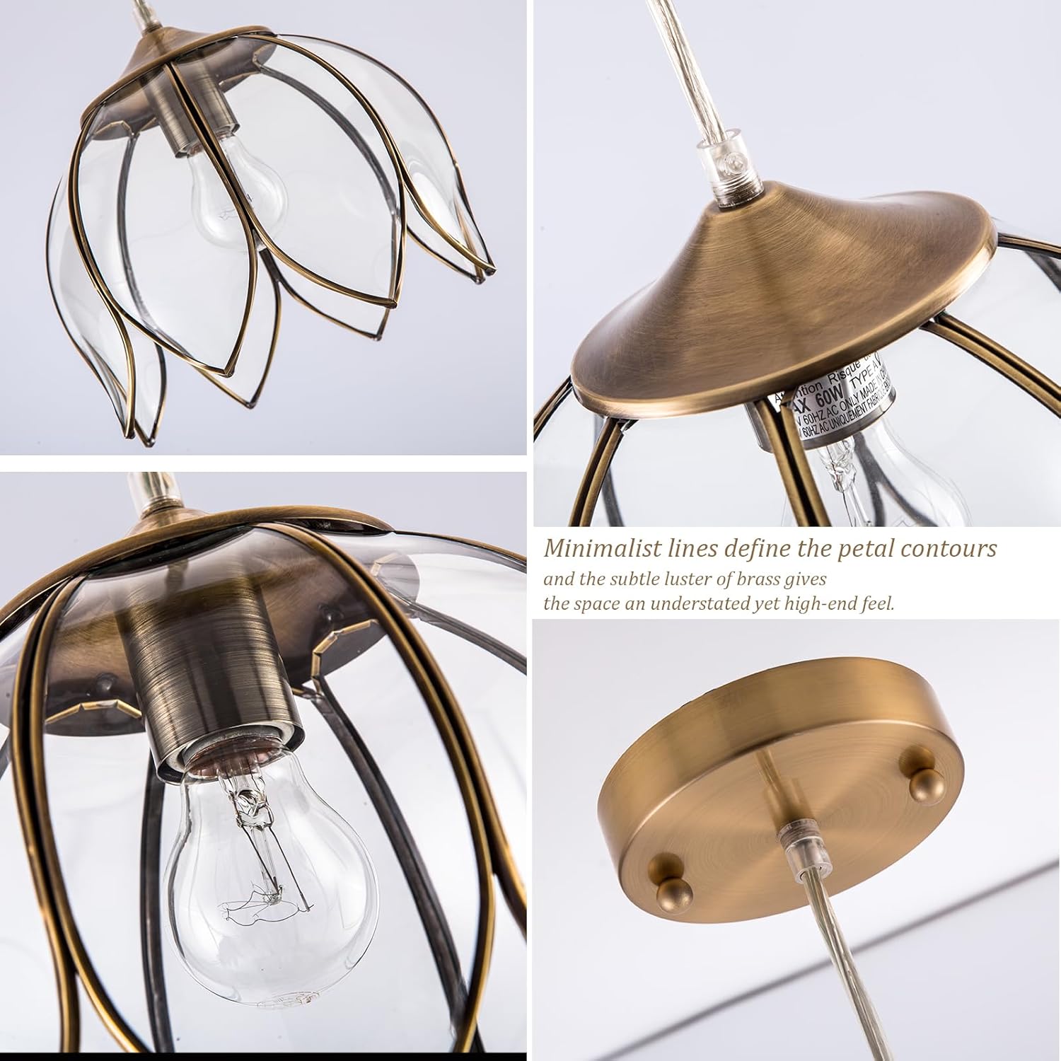 Brass Glass Ceiling Tiffany Pendant Light, Hanging Chain lamp, with Vintage Lotus Flower Glass Shade for Kitchen Island Dining Room Bedroom Living Room-9.25" Clear Shade