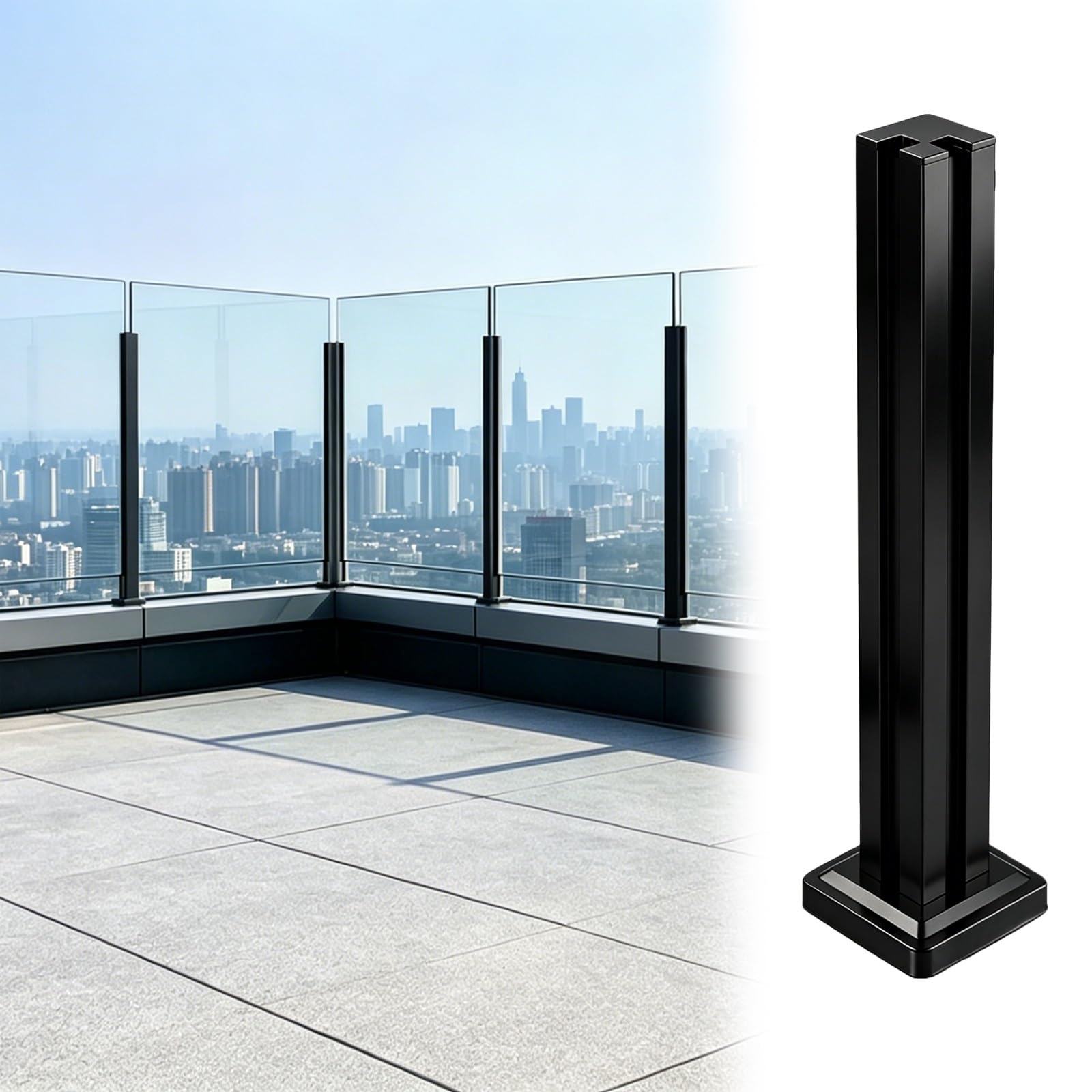 ZJKXJH Terrace Glass Panel Support Post for 10-12mm Thickness, Frameless Glass Baluster Post for Indoor And Outdoor Use, Stainless Steel(Corner Post-Black,H-37.4in/95cm)