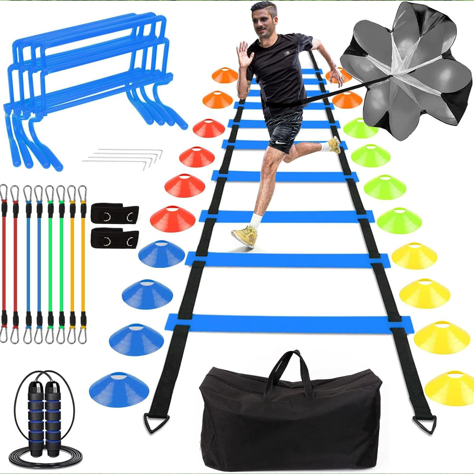Juego de equipo de entrenamiento de agilidad: escalera, obstáculos de velocidad, conos y paracaídas para entrenamiento de fútbol, escalera de 20 pies para niños