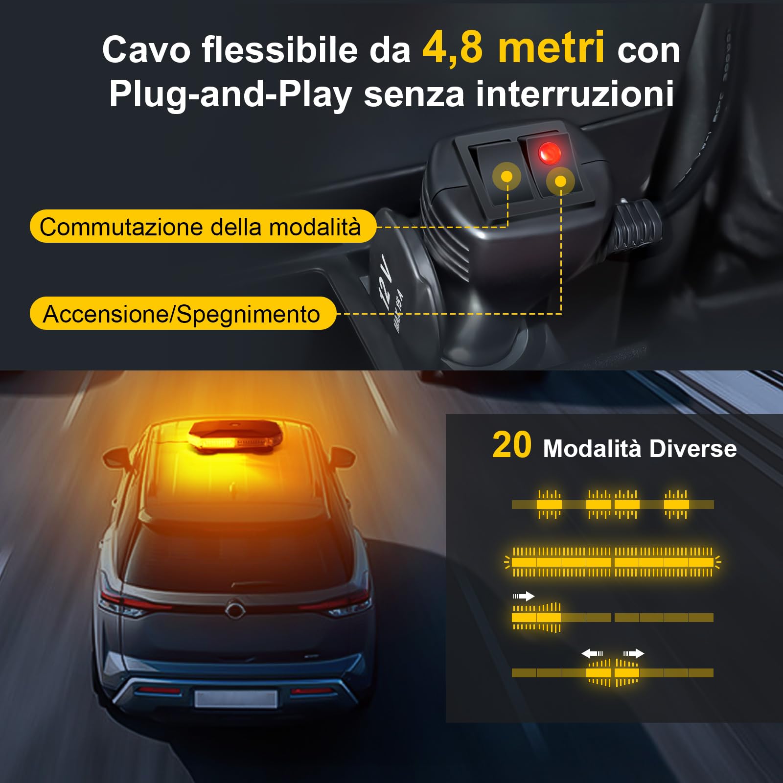 Lampeggiante Arancione a 70 LED con Magnete - Luce di Avvertimento 12V 24V, Cavo da 4,8 m, Impermeabile IP65, 20 Modalità per Camion, Attrezzature Edili, Agricoltura