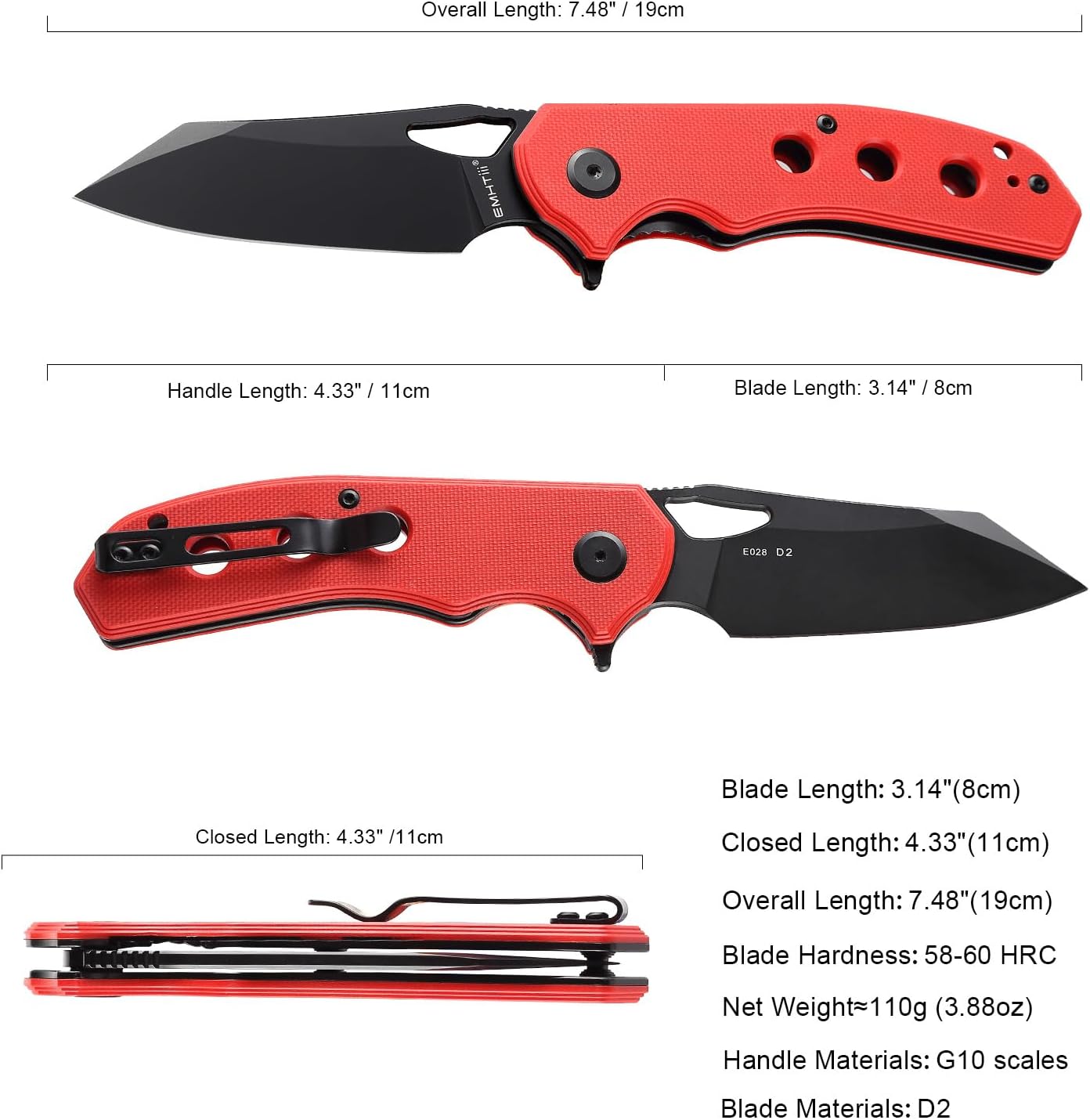 D2 Steel Pocket Folding Knife, 3.14" Black Blade, G10 Handle with Liner Lock, Thumb Hole, Reversible Clip, EDC Knives for Men & Women E028, Red