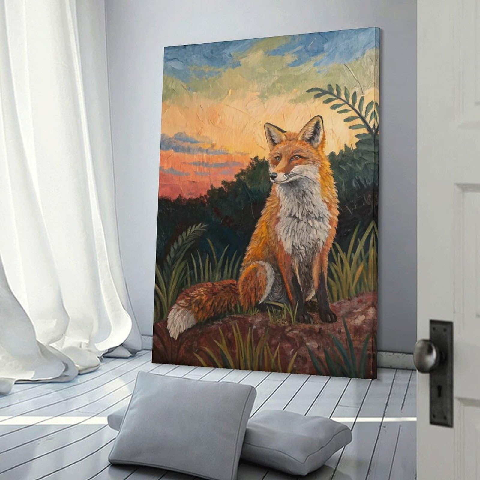 Junmoney Canvas Wall Decor Fox Sitting in Nature at Sunset, 16x24inch(40x60cm), for Restful Interiors, Bedrooms Or Small Rooms, Canvas Wall Decor for Personal Spaces