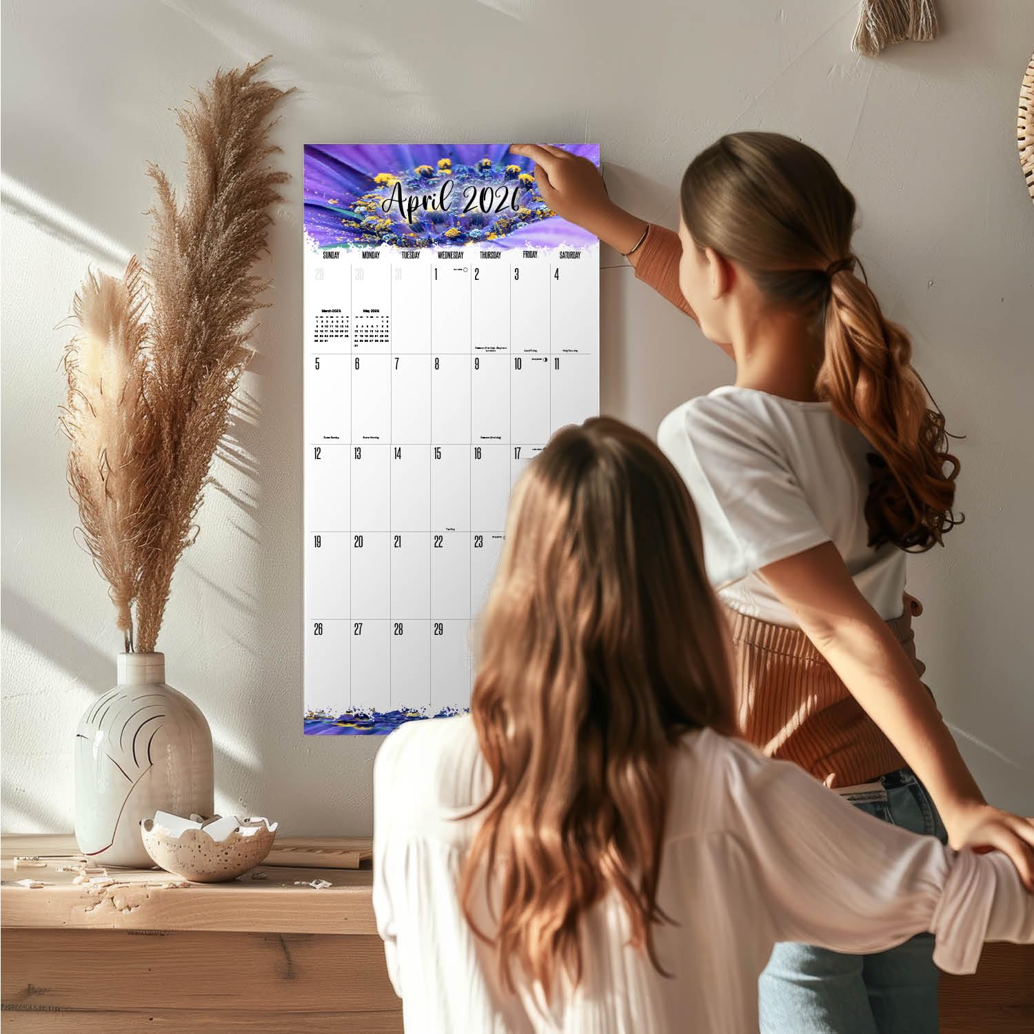 Wandkalender 2025 2026 mit großem Raster, Blumenmotiv, großer Druck, großes Raster, Wandplaner, 30,5 x 61 cm, offen, dickes Papier, kein Ausbluten, Geschenk für Lehrerplanung, Organisation