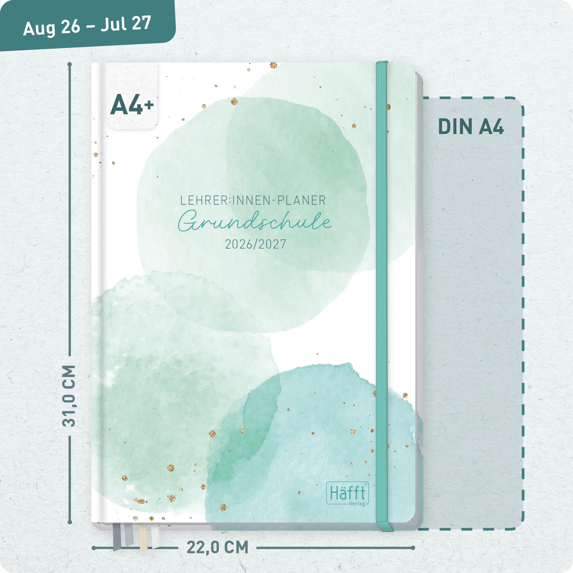 Häfft® Lehrerplaner Grundschule 2026/2027 im A4+ Format Hardcover - Schuljahr 12 Monate (Aug 26 - Jul 27) Lehrerkalender & Unterrichtsplaner für Klasse 1–4 "Watercolor Dots"