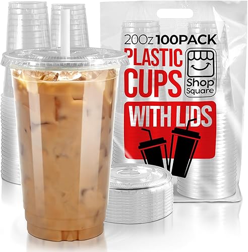 Shop Square Vasos de plástico de 20 onzas con tapas (paquete de 100)  Vasos de plástico transparente para café helado, Boba, té con leche, batidos y