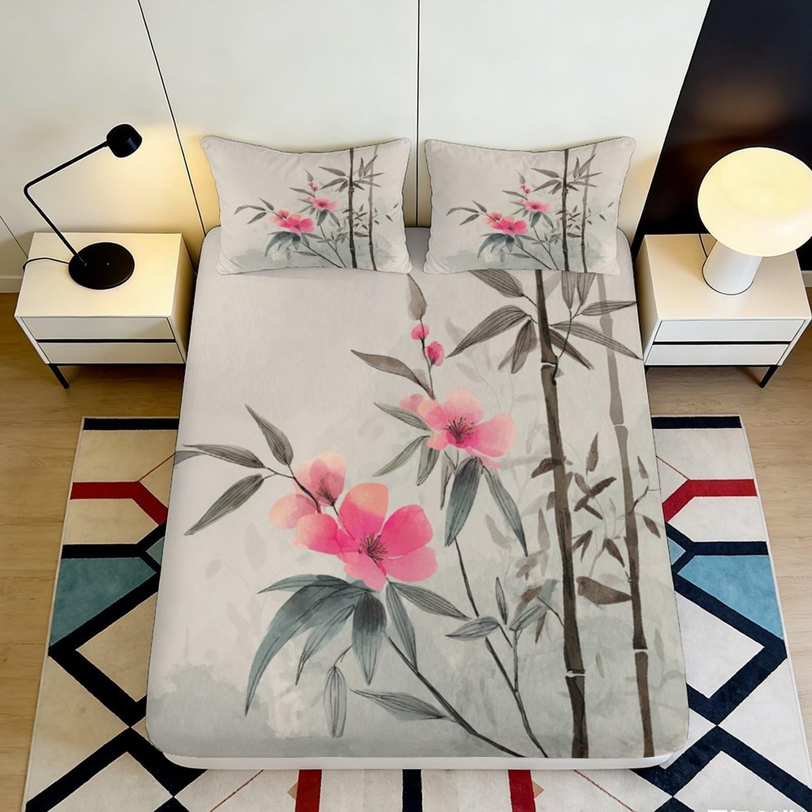 Jqzkxnhpbr Style-2 3D Printed Bamboo Blossom Fitted Sheet Microfiber Soft Pink Flower Mattress Cover For Bedroom Guest Room Dorm Decor 90X200x25cm