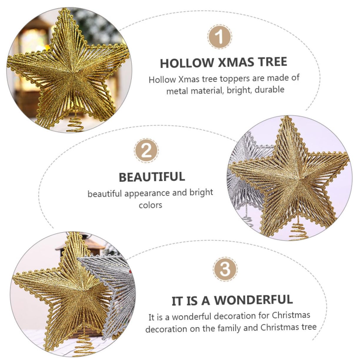 Cabilock 3 Piezas De Adorno para Árbol De Navidad con Purpurina Estrella De Hierro Decoración para Copas De Árbol Luces Led Ideal para Vacaciones Decoración del Hogar
