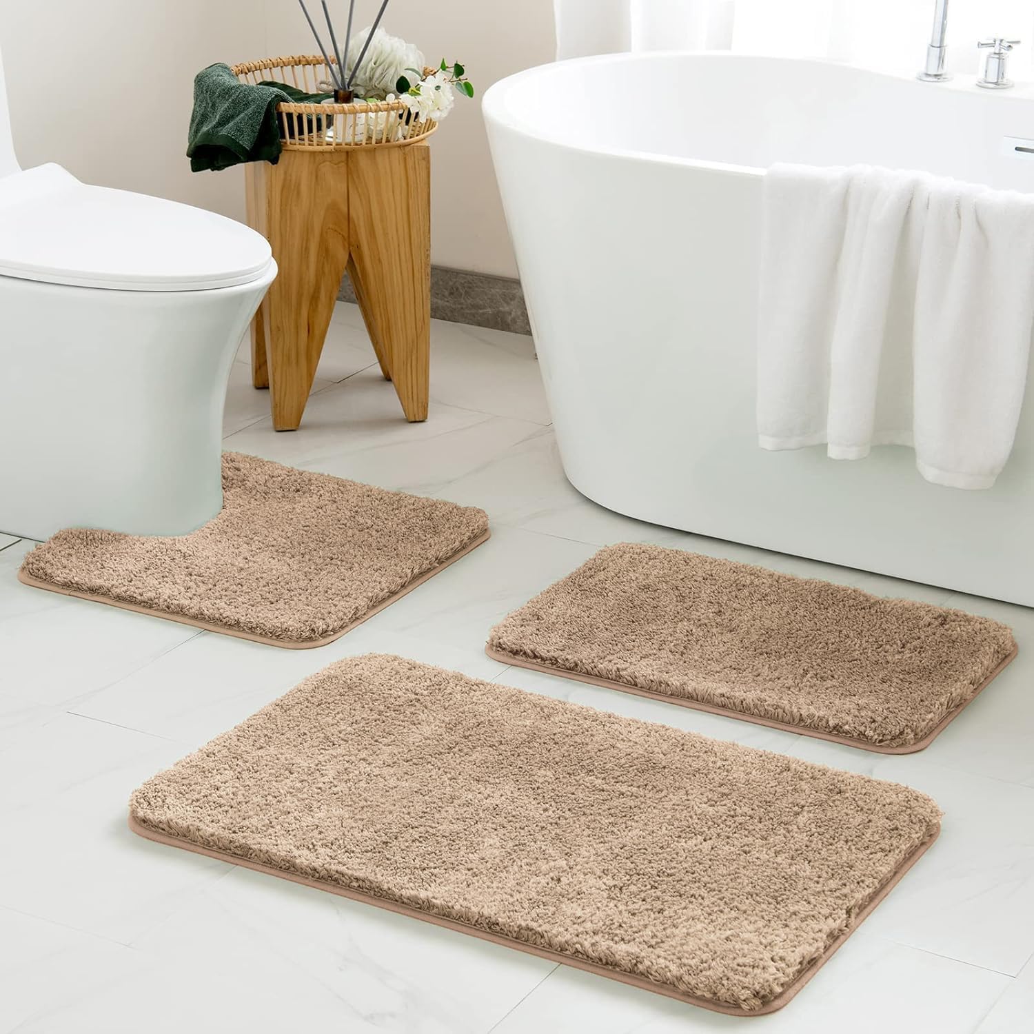 MIULEE Bathroom Rugs Sets 3 Piece Including U Shaped Toilet Rug - Soft Absorbent Bath Mats Set with Non Slip Rubber Backside, Machine Washable - Tan,