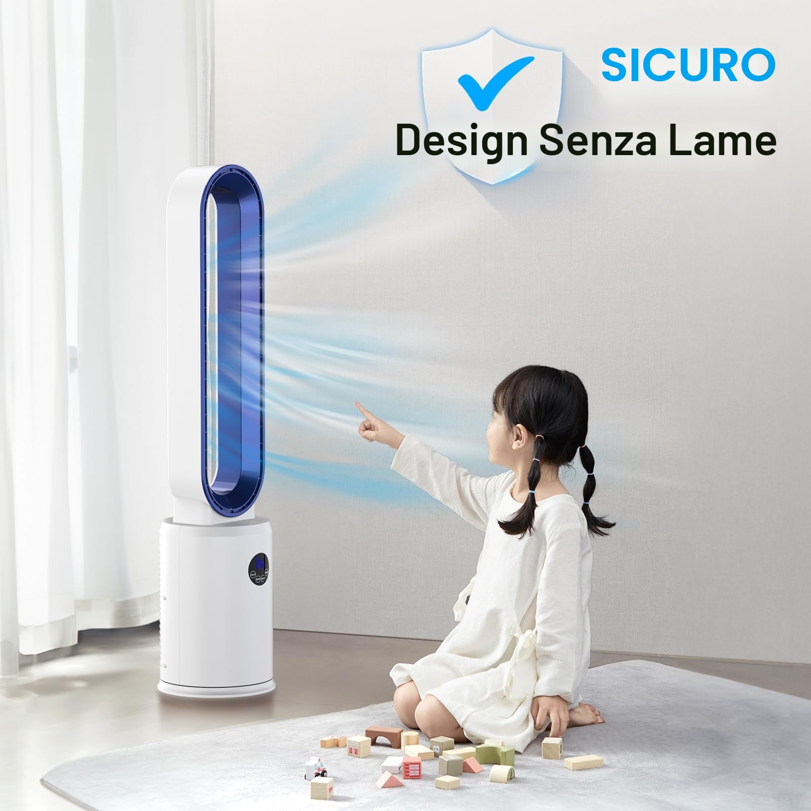 YAZEKY Ventilatore a Torre Senza Pale,Ventilatore a Colonna Silenzioso con Telecomando,3 Velocità,Oscillazione 60°,Display LED,Timer 8 Ore,97 cm Ventilatore Potente per Ufficio,Soggiorno,Bianco 70 m²