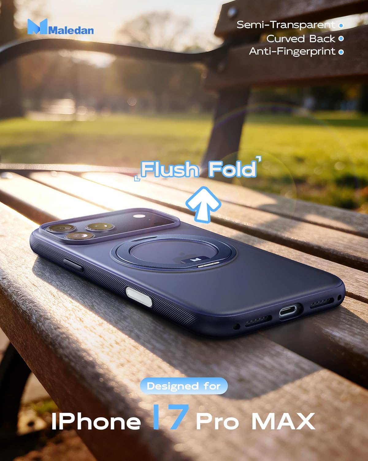 Maledan iPhone 17 Pro Max Case Stand with Camera Control Cover, [MagSafe Compatible] Military Grade Drop Protection 360° Magnetic Ring, Textured Grip Slim Translucent Navy Blue Case for 17 Pro Max 6.9