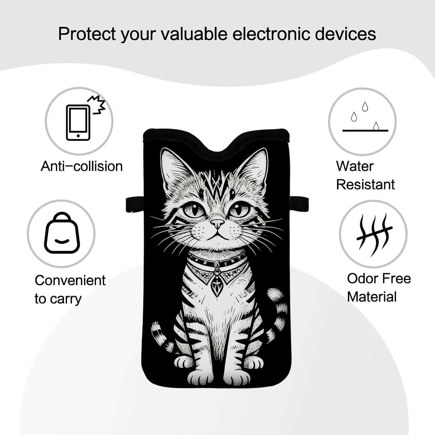 Men Women Neoprene Cell Phone Sleeve Pouch Case Bag with Crossbody Strap/Neck Lanyard 7.5 X 4.3 in (Black and White Cat Pattern)