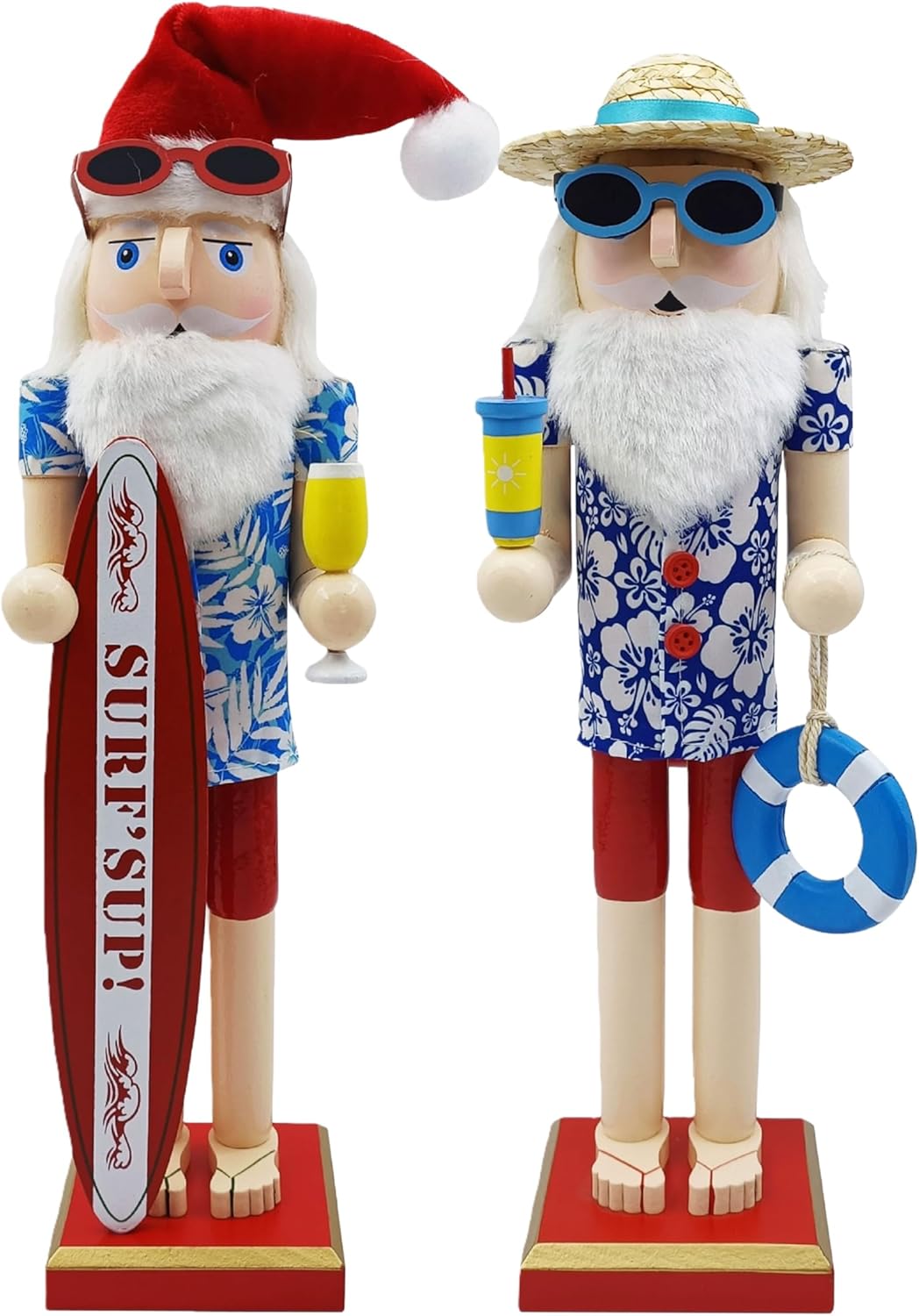 15 Inch Christmas Nutcracker Wooden Summer Nautical Surfer Santa Nutcracker Figure Beach Tabletop Centerpieces Festival Florida Tropical Shelves Decorations (Surfboard+Swim Ring)