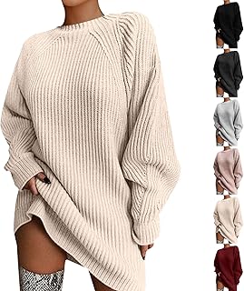 Generisch Knitted Dress Women's Autumn Jumper Dress Plain Pullover Long Sleeve Women's Winter Dress Elegant Autumn Dress Knee-Length Casual Sweat Dress Warm Midi Dress Oversized Casual Dress