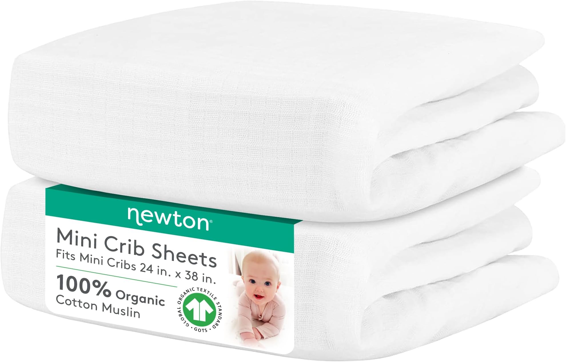 Mini Crib Fitted Sheets (2-Pack) | Organic Muslin Cotton, 100% Breathable & Soft Baby Sheets, Machine Washable Baby Mattress Sheets, Fits Any Mini Sized Crib 24" x 38", White