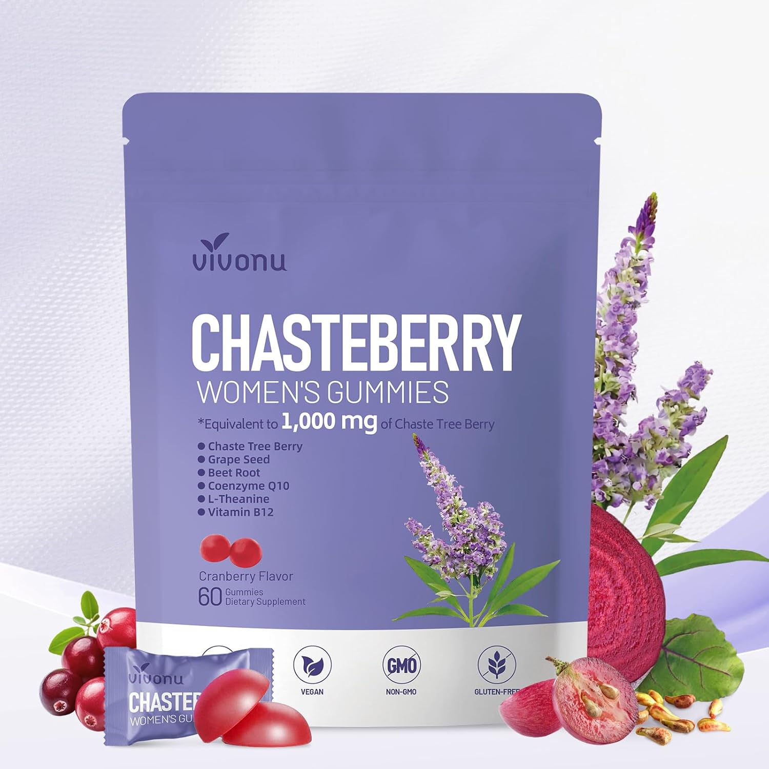 Chasteberry Supplement for Women Gummies, 1000mg Chasteberry Extract, Contains Grape Seeds, Coenzyme Q10 Vitamin B12 and Other Trace Elements Hormone Balance Menstrual Cramp Relief (60 Gummies/1Bag)