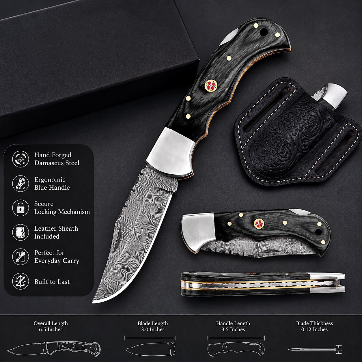 Handmade 6.5 Inch Damascus Steel Folding Pocket Knife – Back Lock Outdoor EDC Knife with Dual Leather Sheaths for Men Women, Camping, Hiking, Hunting, Bushcraft & Survival (Gray Wood)