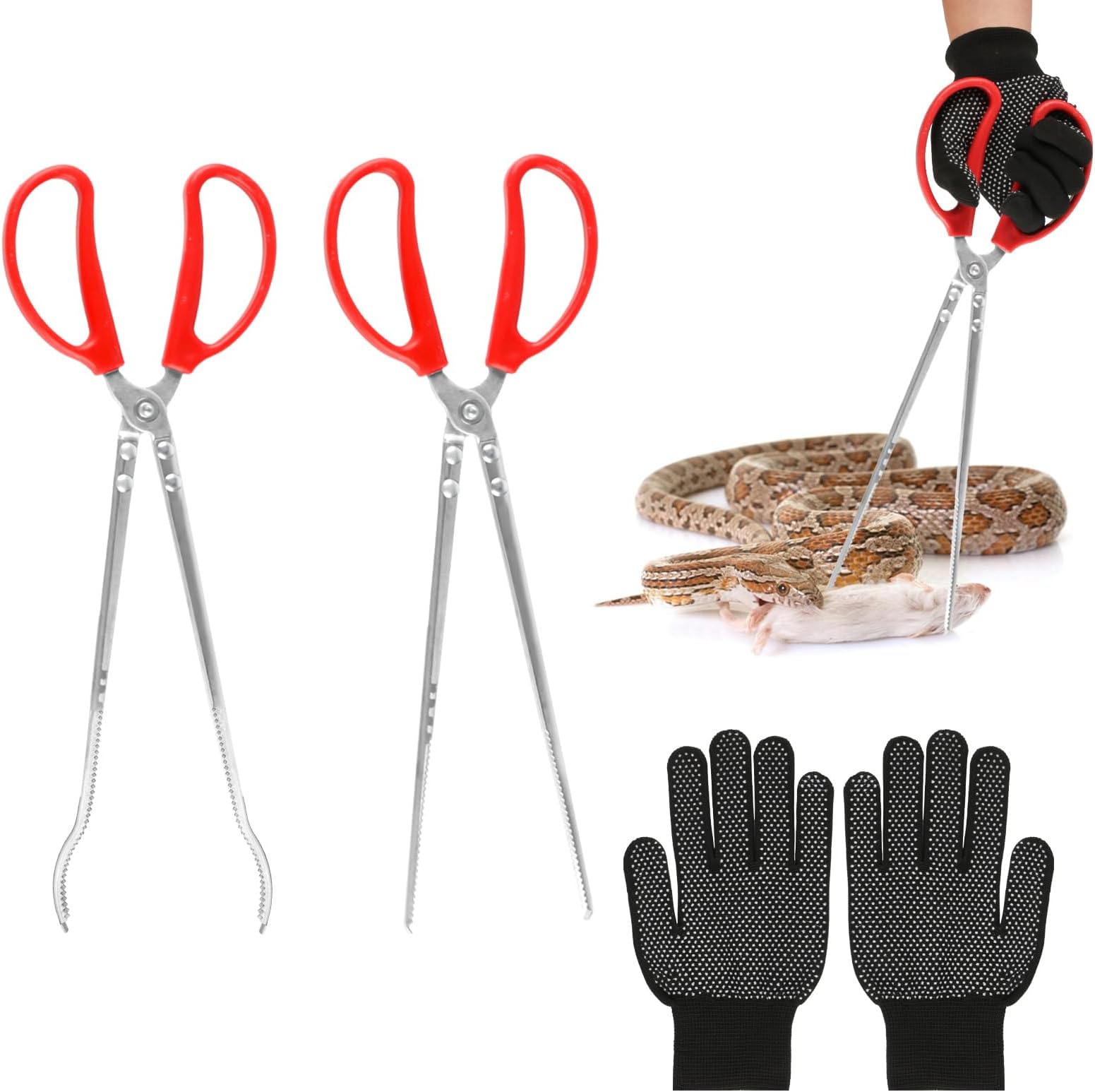 15 Inch Snake Feeding Tongs, 2 PCS Stainless Steel Reptile Tongs, Extra Long Large Tweezers for Bearded Dragon Ball Python Tank Accessories Terrarium Supplies With Gloves
