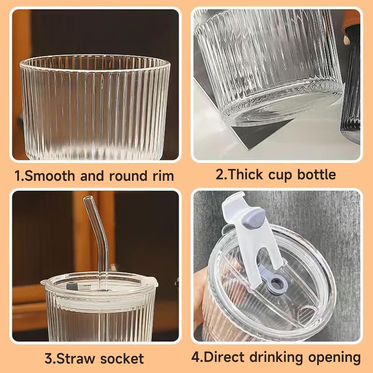 Copos de vidro de 400 ml com tampas e canudos, copos de café gelado com tampas, copo de vidro com nervuras transparentes para café, smoothie, coquetel, chá gelado