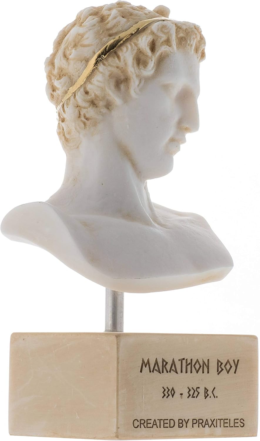 BEAUTIFUL GREEK STATUES Marathon Boy Ephebe of Marathon Athlete Alabaster Statue Bust Gold Tone Marble Base 7.5''