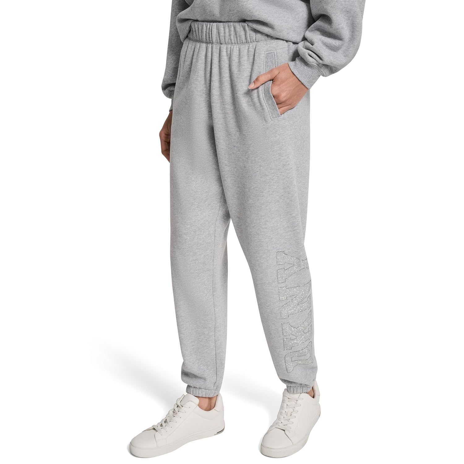 DKNY Womens Exploded Rhinestone Varsity Logo High Rise Relaxed Jogger - Image 2