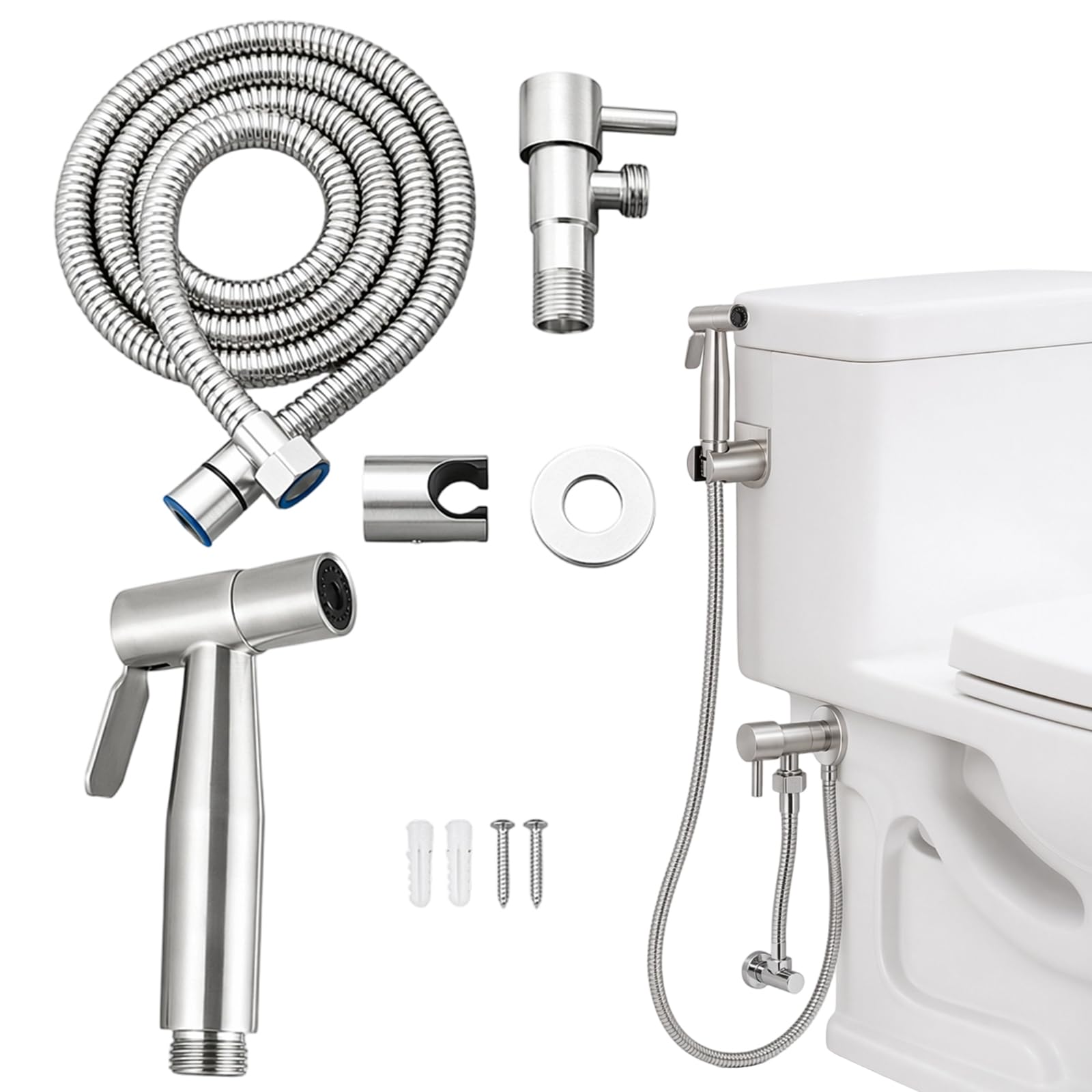 4Pcs Handheld Sprayer Set, Toilet Attachment with Dual Water Pressure, Wall or Tank Mount for Personal Hygiene and Bathroom Cleaning