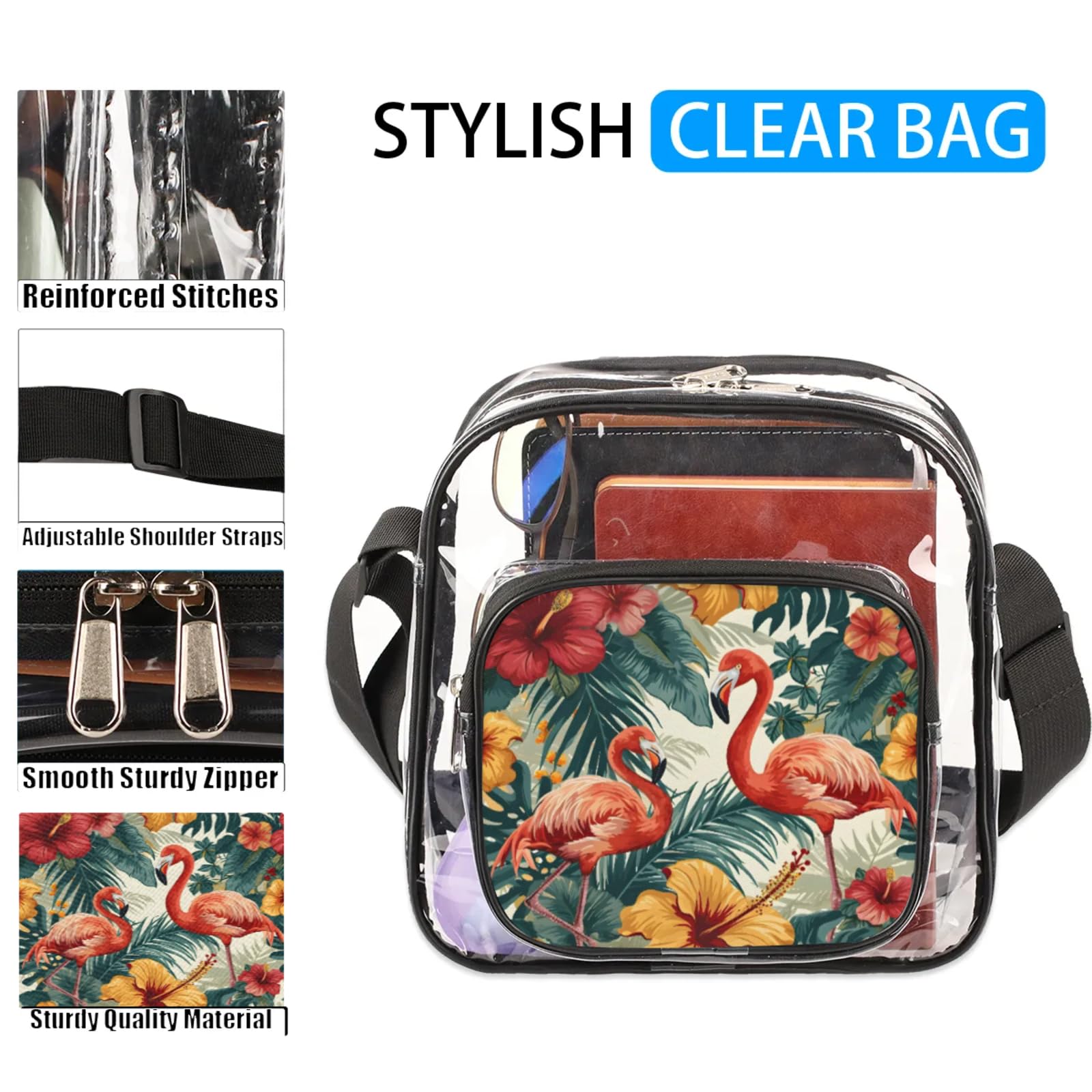 Clear Crossbody Bag Stadium Approved Flamingos and Tropical Flowers Transparent Bag for Festivals, Sports Events, Concerts,Beach Bag for Women Men Clear Purse with Front Pocket Messenger Bag