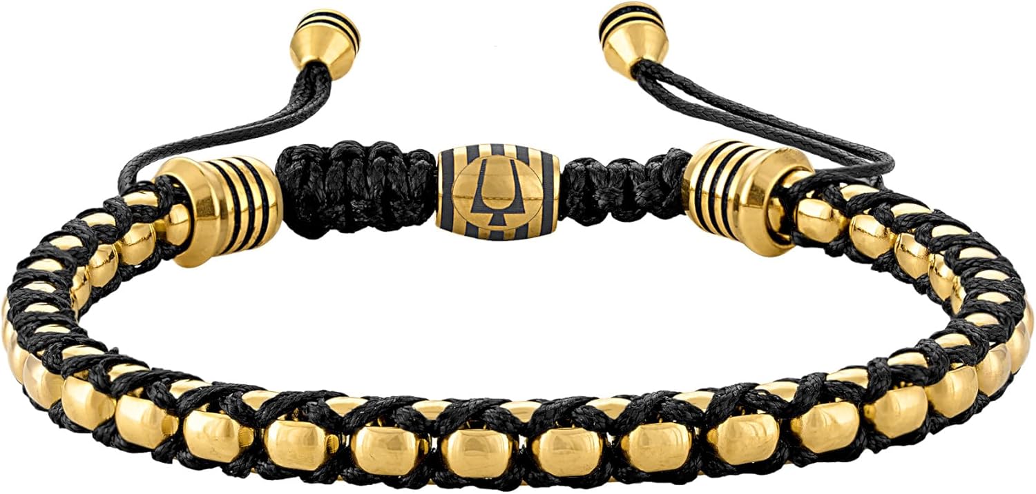 Bulova Men's Jewelry Polished Gold-Tone Stainless Steel Bracelet, Rounded Box Chain Links Black Cords, Signature Tuning Fork Logo Style: BVB1089-G6STBA - Image 2