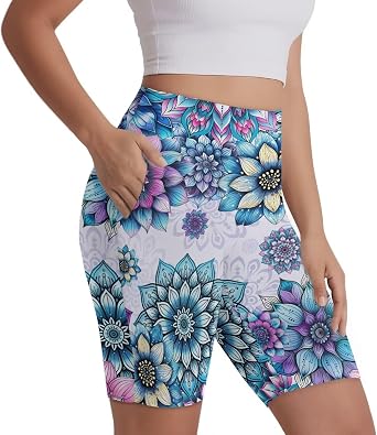 Halloween Ghost Women Yoga Short, Hippie Daisy High Waisted Biker Short with Pocket, Maple Leaf Tummy Control Pant