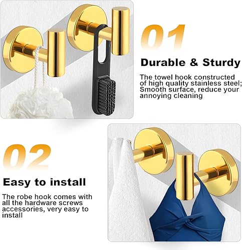 Vista 35 de Paquete de 4 ganchos para toallas de baño, toallero de montaje en pared, toallero con acabado cromado, ganchos resistentes para bata, abrigo, lufa