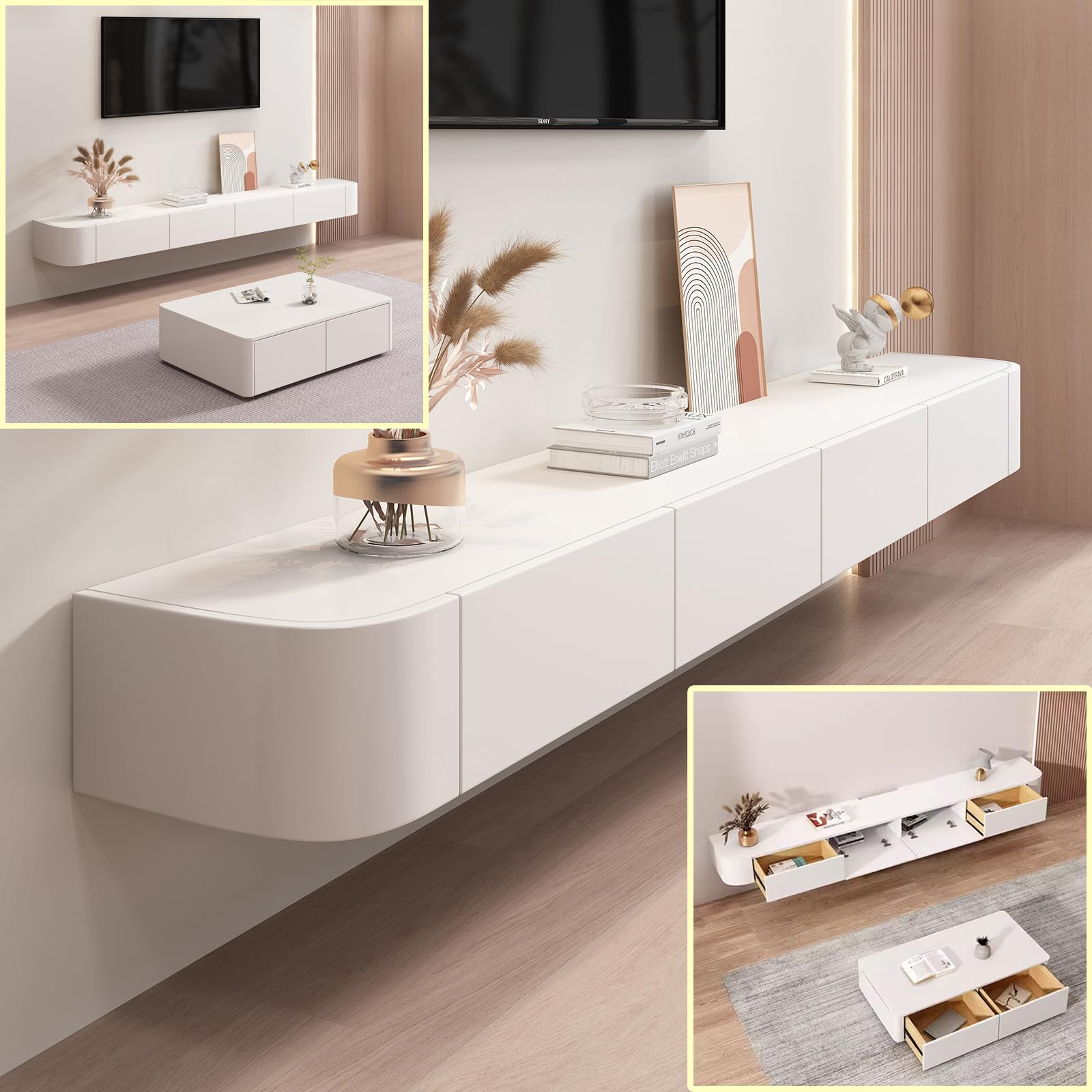 Floating TV Stand Large Floating TV Shelves Wall Mounted Multi Storage Compartment TV Media Console Floating TV Cabinet Bench Under TV Large Storage TV Lowboard (White, 55.1 * 7.9 * 9.4 in)