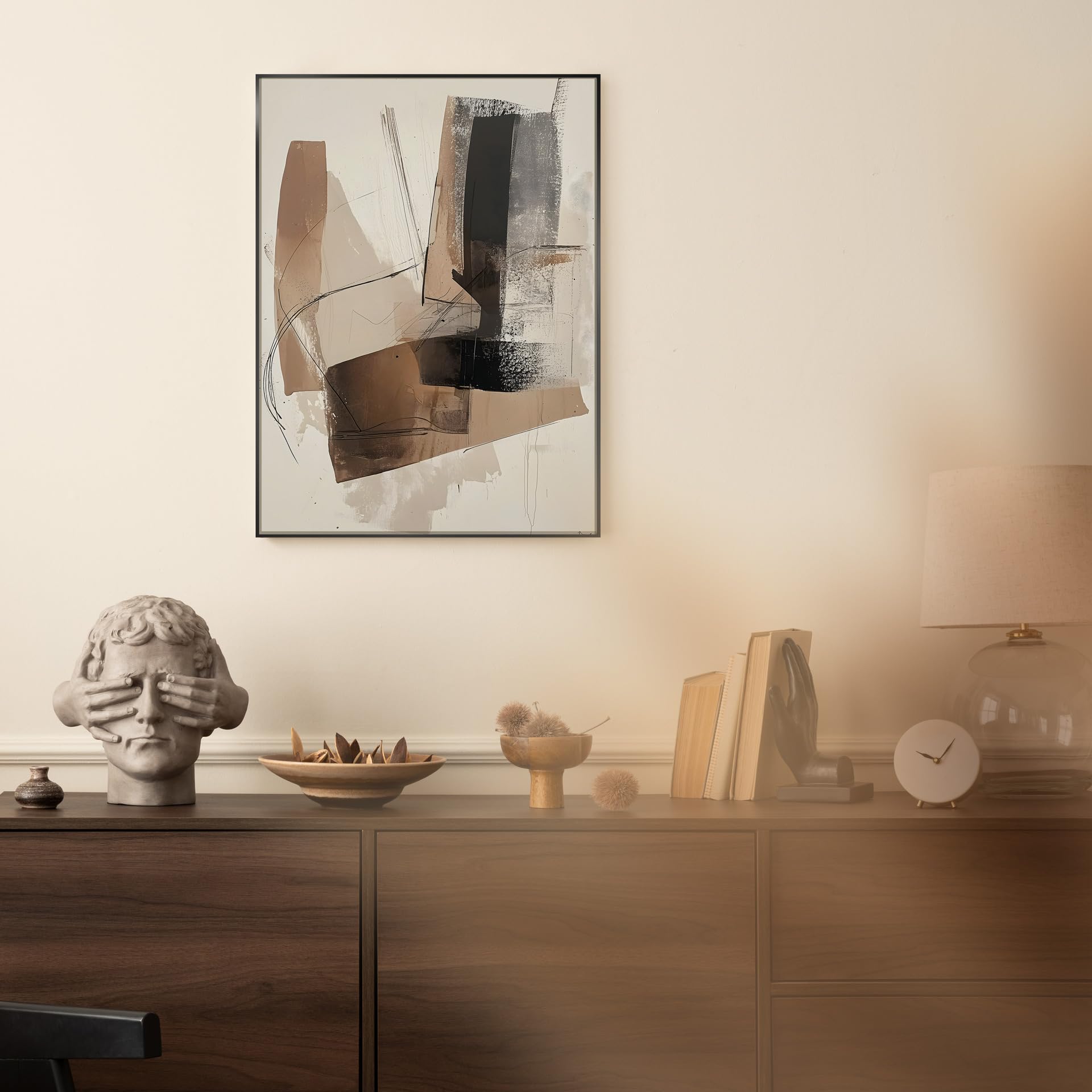 STYLER Bild Diffused 50x70 cm (AUFHÄNGFERTIG) mit elegantem Rahmen – Abstraktes Kunstwerk in Beige Braun Schwarz – Modern Minimalistisch Dekorativ Hochwertig