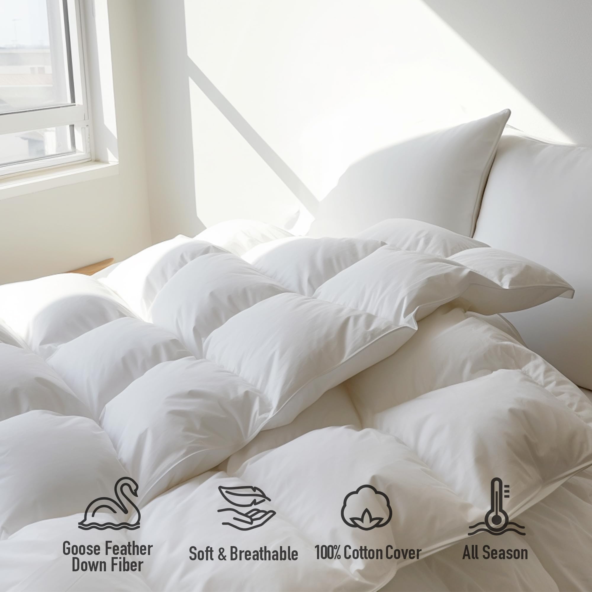 Lussuoso piumino matrimoniale in piuma d'oca, 100% cotone ultra morbido, collezione hotel, extra calore, 228 x 228 cm, bianco tinta unita