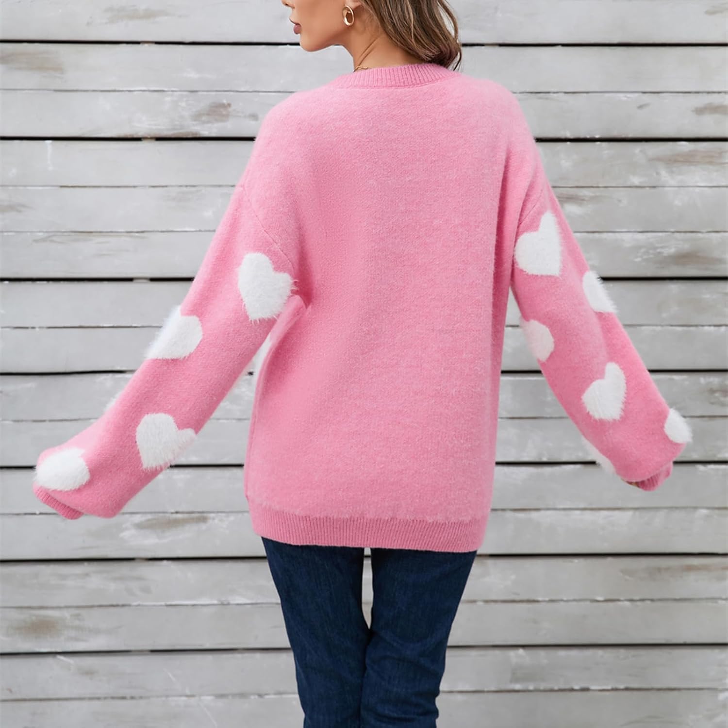 Heart Sweater for Women Valentine's Day Cute Print Oversized Long Sleeve Sweaters Knitted Pullover Tops