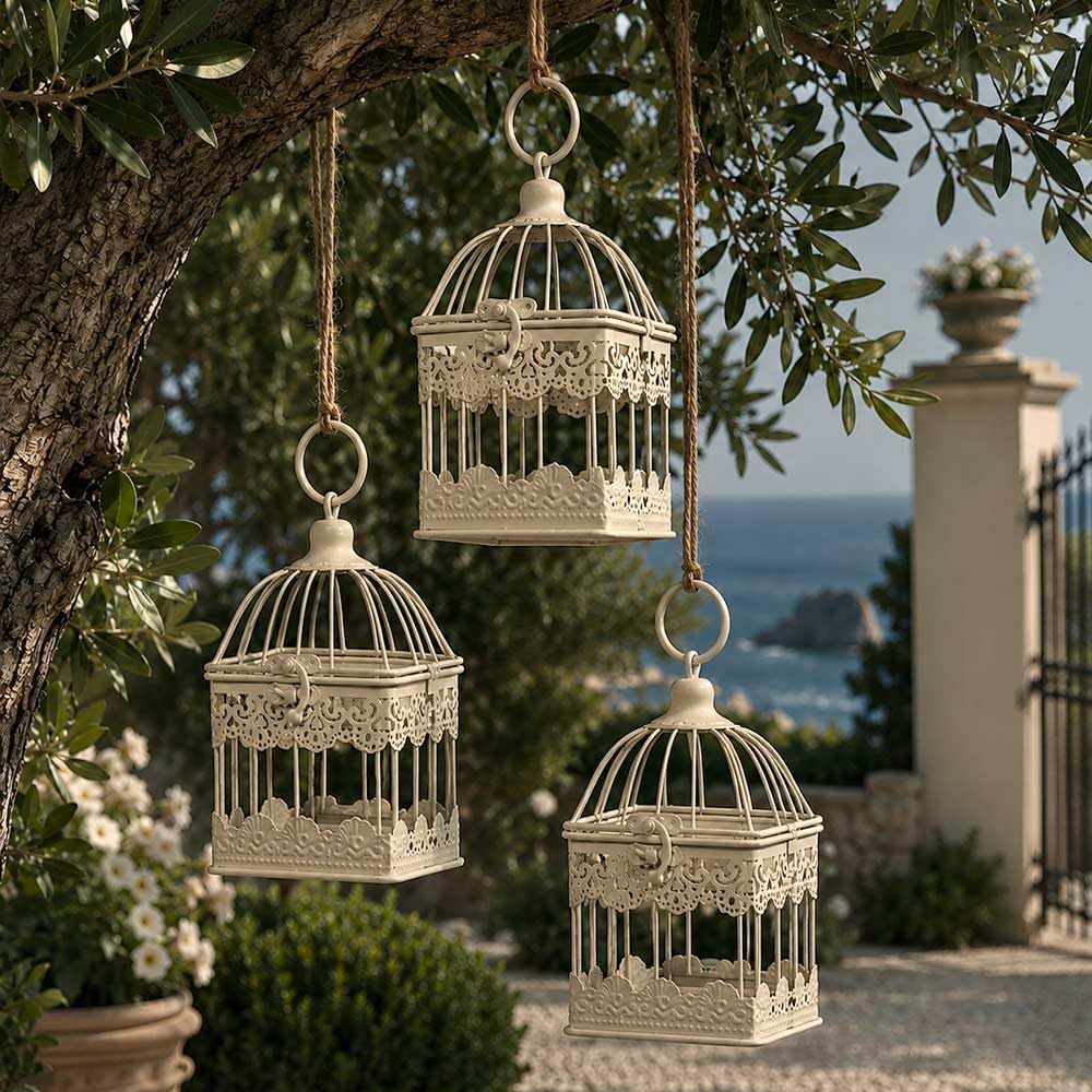 Jaula farol portavelas de metal marfil hexagonal 12,5 x 11,5 x 23 cm
