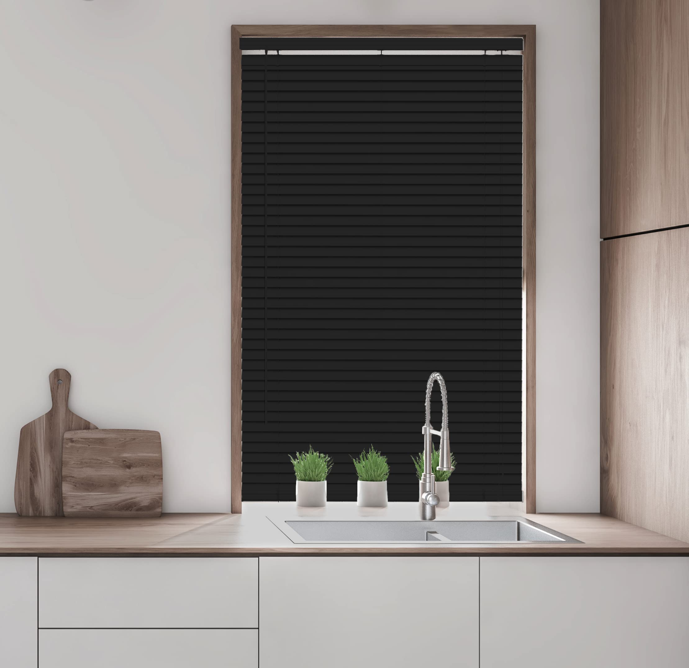 25mm PVC Venetian Blind Strings 25mm Slats Home Office Easy Fit Black 105cm Width x 150cm Drop