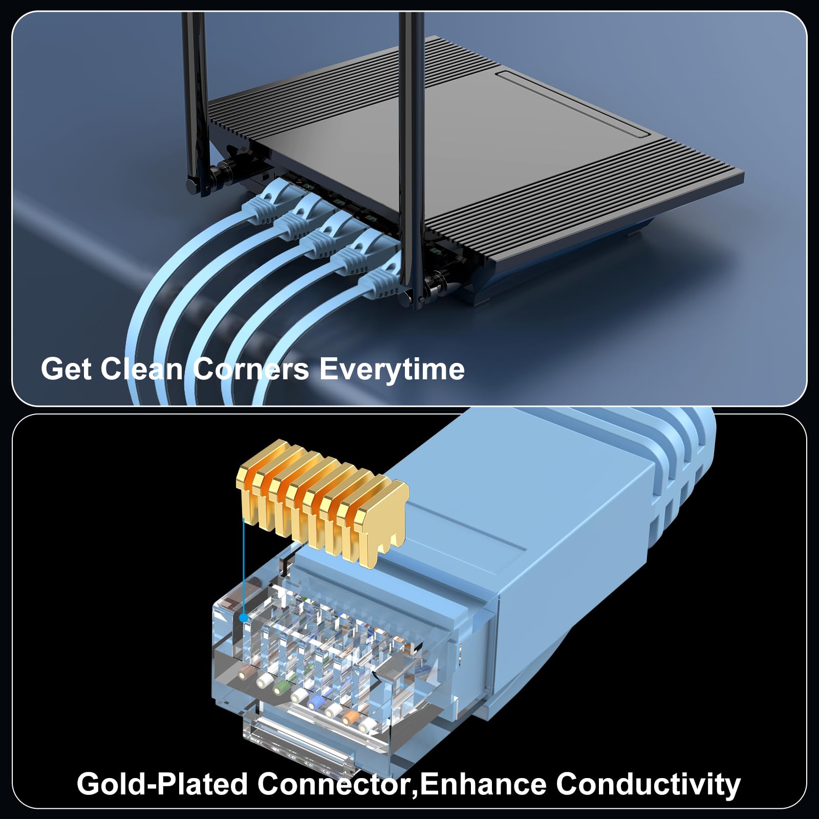 Cat-6-Ethernet-Kabel, 91 cm, 6 Stück (zu einem Cat5e-Preis, aber höherer Bandbreite), flaches Internet-Netzwerkkabel, Cat6-Ethernet-Patchkabel, kurz – blaues Computerkabel mit snagless-RJ45-Steckern