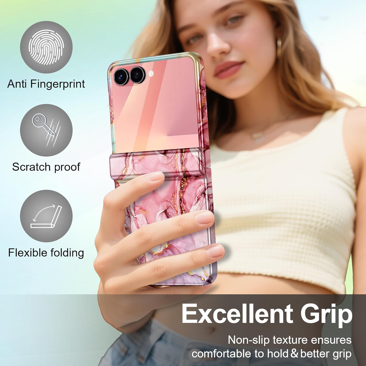 Btscase for Samsung Galaxy Z Flip 7 Case,Built in Front Screen Protector,Gold Glitter Marble Pattern Hard PC Slim Shockproof Full Body Drop Protective Case for Galaxy Z Flip 7 5G (2025), Rose Gold