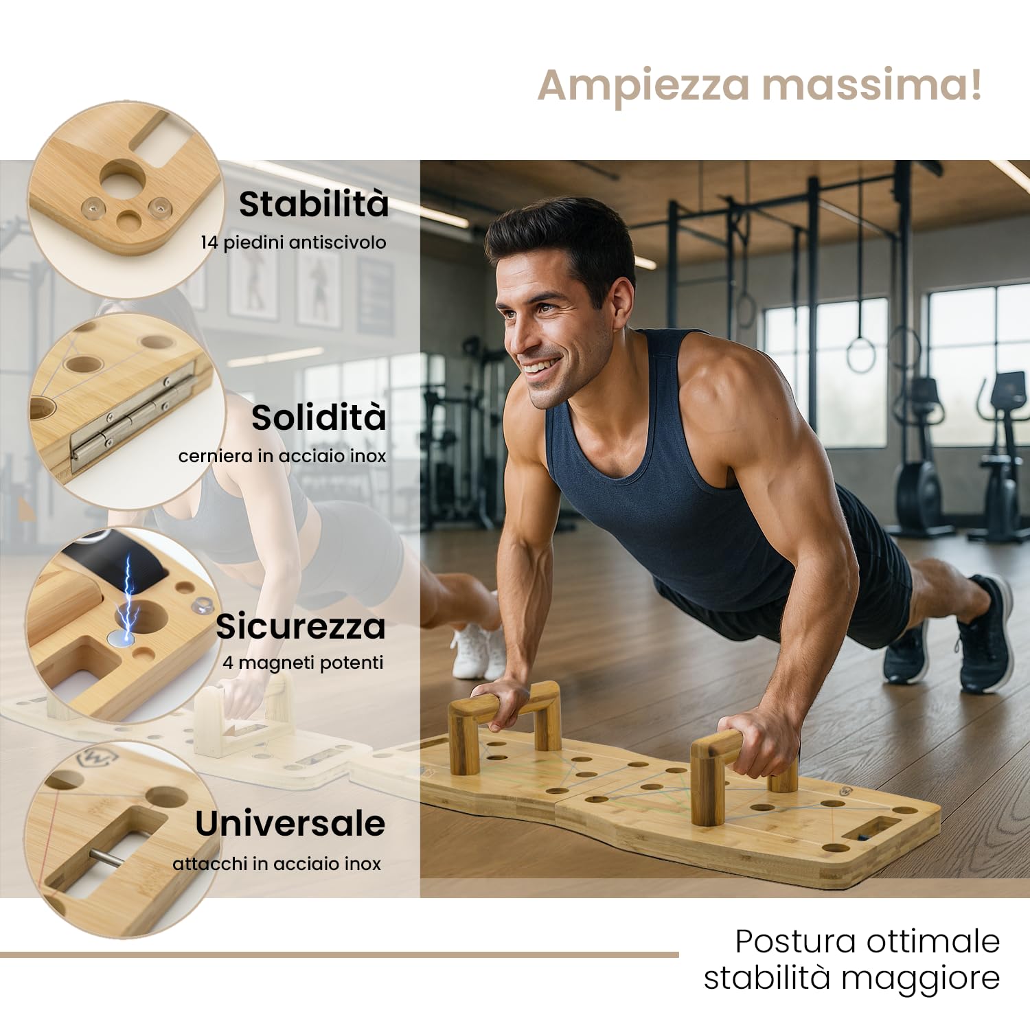Amplitude – Tavola per Flessioni/Push Up Board Pieghevole – Attrezzi Fitness per Palestra a Casa – con Bande Elastiche + Guida Allenamento 30 in 1