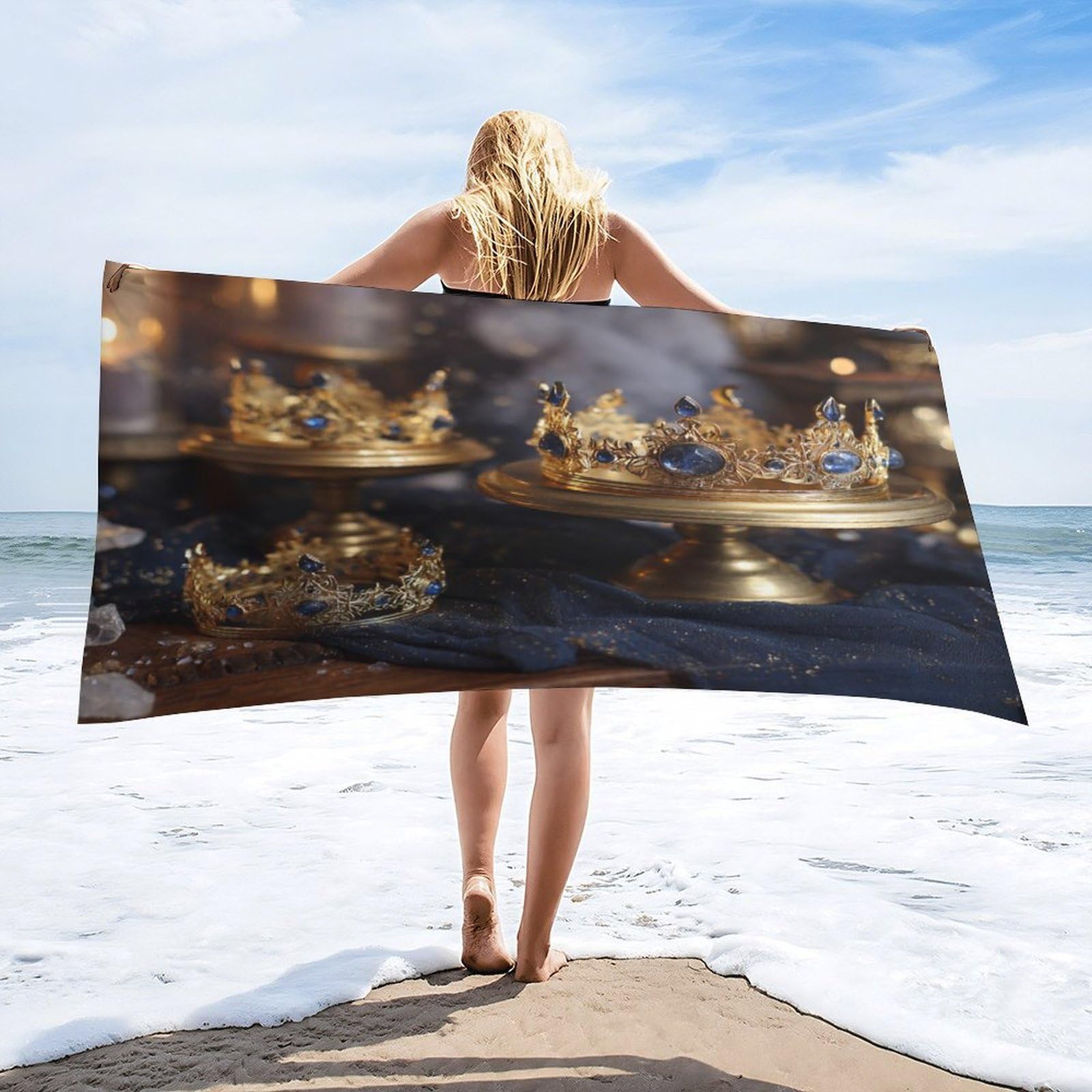 Luyysky Luxury Vintage Crystal Crown Quick-Drying Beach Towel, Retro Oil Painting Sun Moon Crown Couple Pattern Travel Vacation Single Sided Pile Bathroom Towels-80 W Cm X 160" L Cm