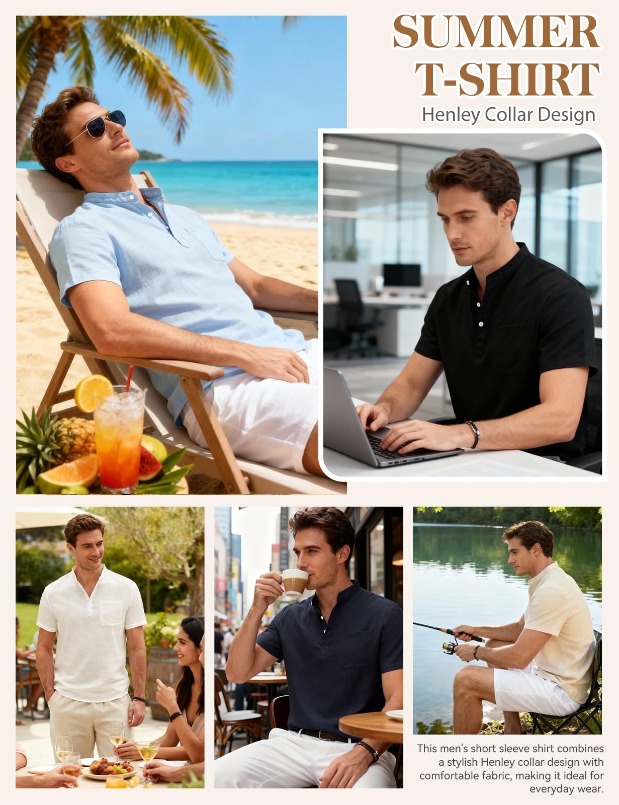 Voqeen Camisa Lino Hombre Henley Camisas Manga Corta Casuales para Verano Sin Cuello Abotonadas Tshirt Camisetas De Playa con Bolsillo