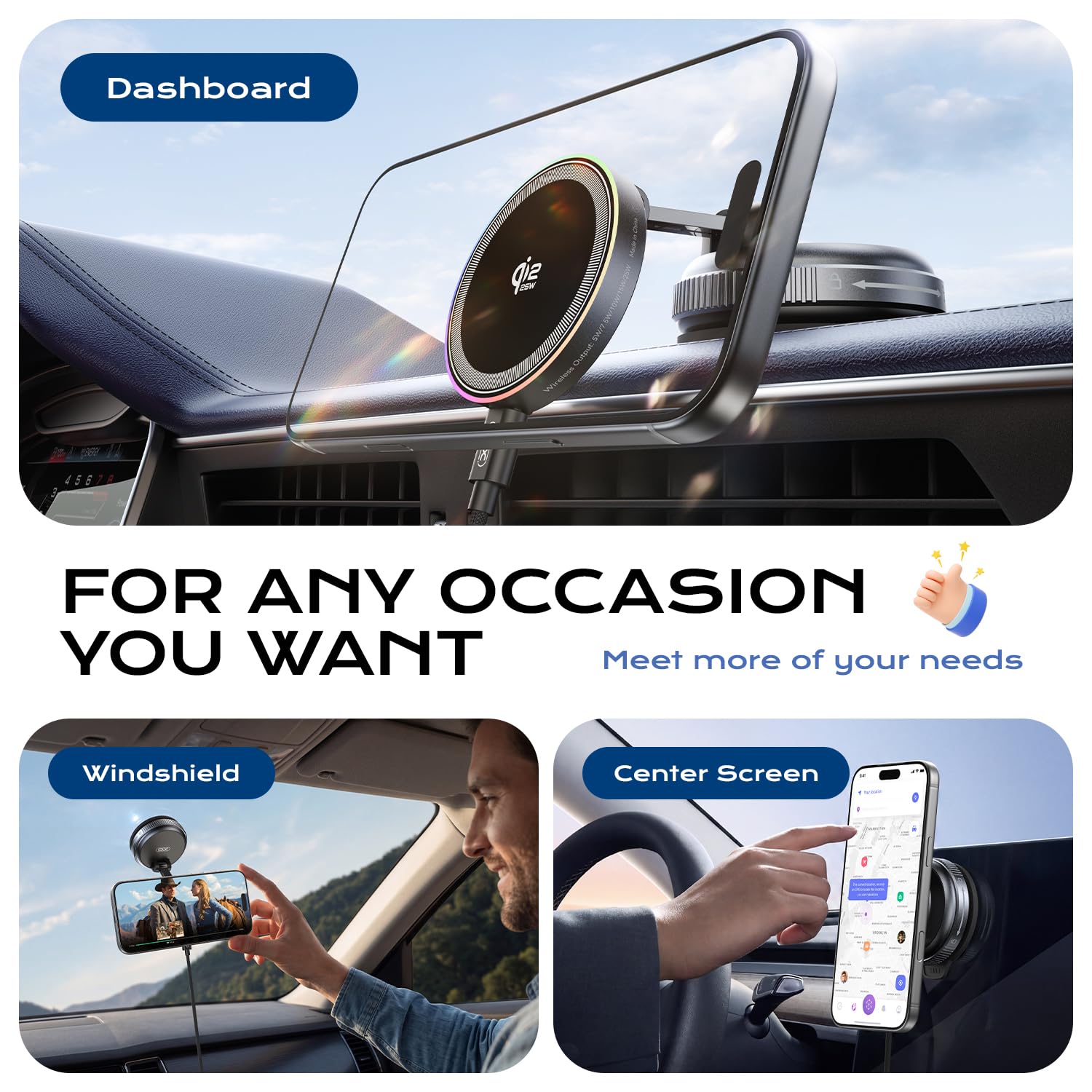 Qi2.2 - Cargador magnético para coche, soporte de carga inalámbrica rápida de 25 W con luz RGB, soporte de teléfono con ventosa giratoria de 360° para tu coche, compatible con iPhone 12-17, S26/S25