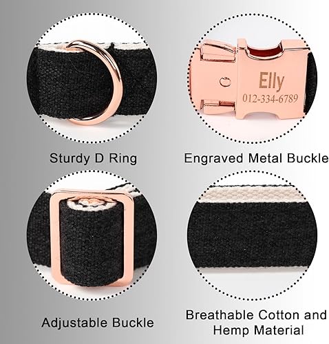 Miniatura 4 de MR. CHUBBYFACE - Collar de perro negro con placa de nombre, collar de perro personalizado de temperatura de algodón con número de teléfono, collar